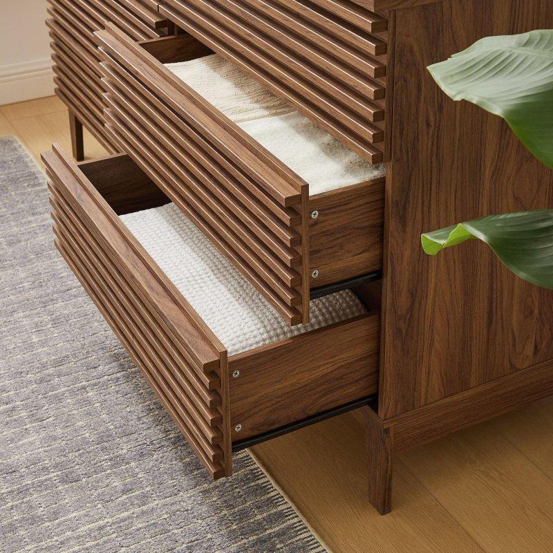 Ceviz Rengi MDF Çıtalı Tasarım 6 Çekmeceli Şifonyer - 160 cm - 301667