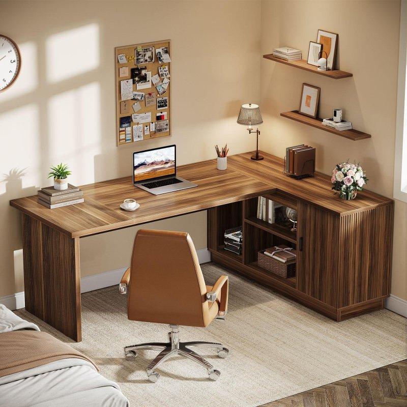 Ceviz Rengi MDF L Tipi Dolaplı Raflı Ofis Masası - 181x141 cm - 326085
