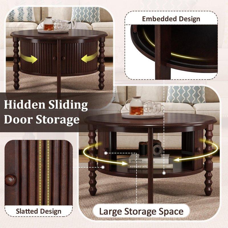 Ceviz Rengi MDF Sürgü Kapaklı Depolamalı Yuvarlak Orta Sehpa - 77 cm - 239807