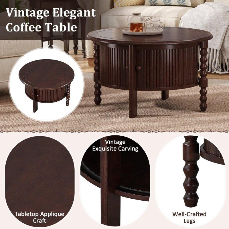 Ceviz Rengi MDF Sürgü Kapaklı Depolamalı Yuvarlak Orta Sehpa - 77 cm - 239807