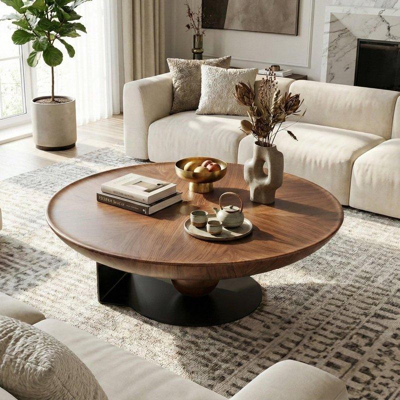 Ceviz Rengi MDF Tablalı Paslanmaz Çelik Ayaklı El Yapımı Yuvarlak Orta Sehpa - 100 cm - 243294