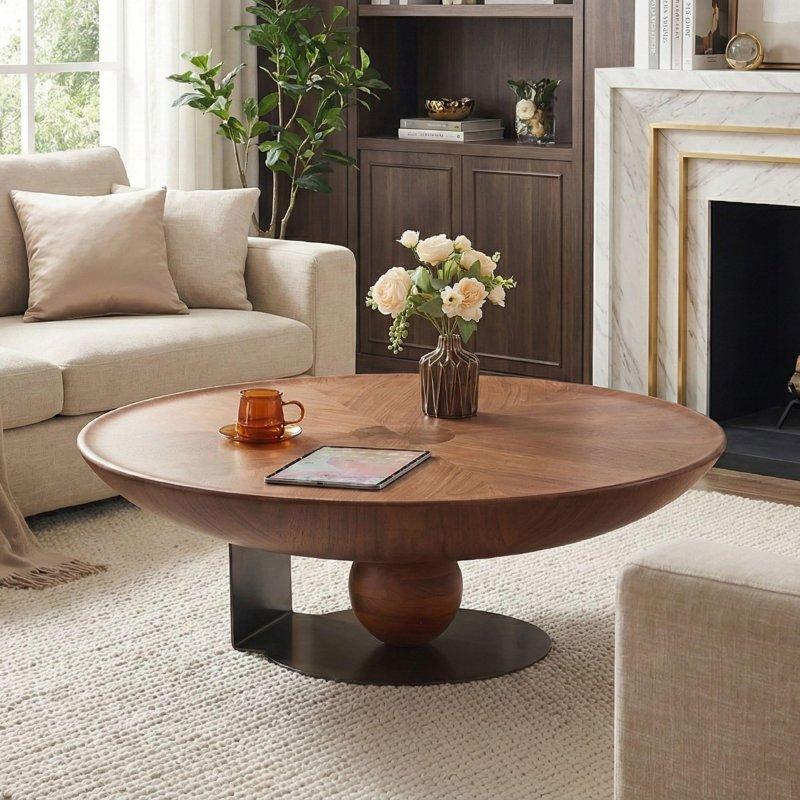 Ceviz Rengi MDF Tablalı Paslanmaz Çelik Ayaklı El Yapımı Yuvarlak Orta Sehpa - 100 cm - 243294