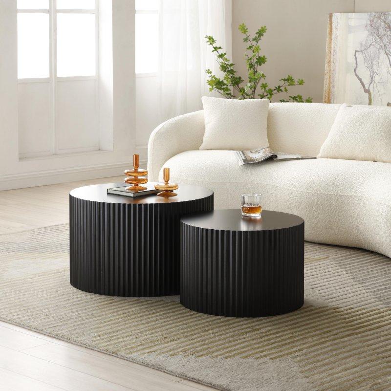 Ceviz Rengi MDF ve Meşe Ahşap Zigon İkili Yuvarlak Orta Sehpa Seti - 243666