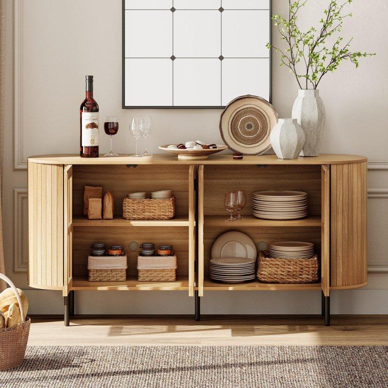 Ceviz Rengi MDF Yivli 4 Kapaklı Metal Ayaklı Bohem Konsol - 164 cm - 324890