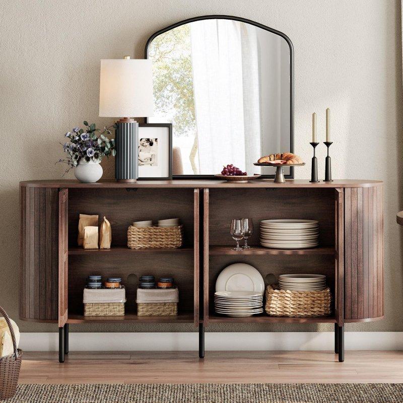 Ceviz Rengi MDF Yivli 4 Kapaklı Metal Ayaklı Bohem Konsol - 164 cm - 324890