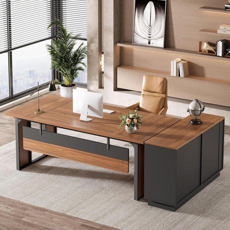 Ceviz Rengi Siyah MDF Metal L Tipi Dosya Dolaplı Ofis Masası - 161 cm - 326806