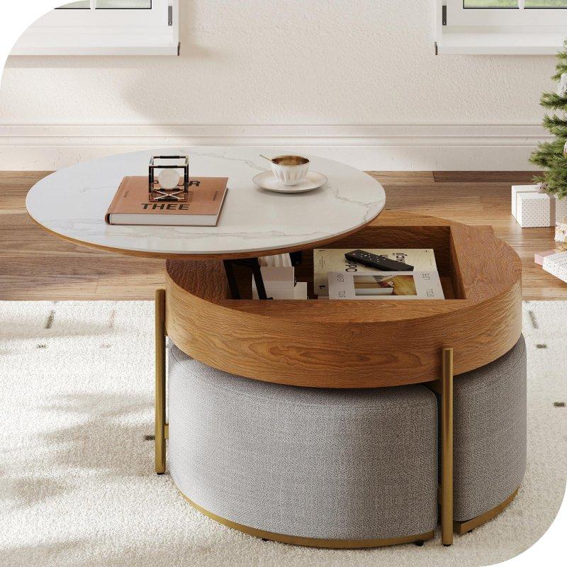 Ceviz Sinterlenmiş Taş ve MDF Asansörlü 3 Puflu Yuvarlak Orta Sehpa - 81x51 cm - 241186