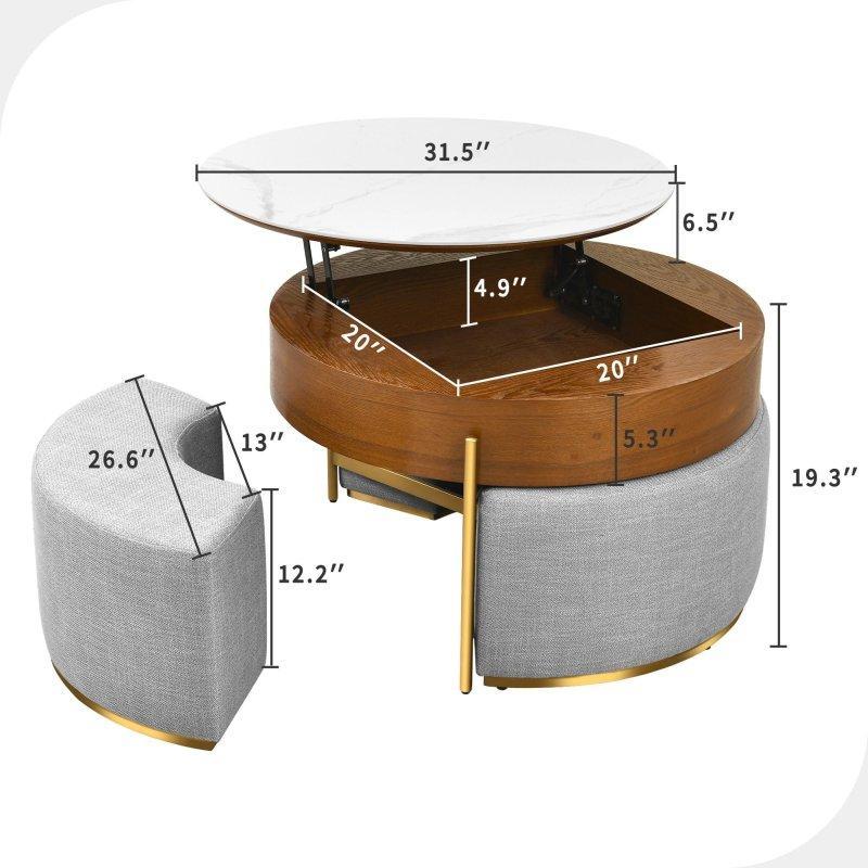Ceviz Sinterlenmiş Taş ve MDF Asansörlü 3 Puflu Yuvarlak Orta Sehpa - 81x51 cm - 241186