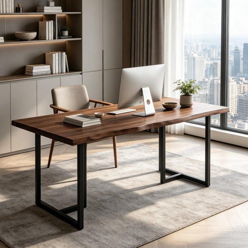 Ceviz Siyah Masif Çam Endüstriyel U Şekilli Metal Ayaklı Ofis Masası - 161x77 cm - 325985
