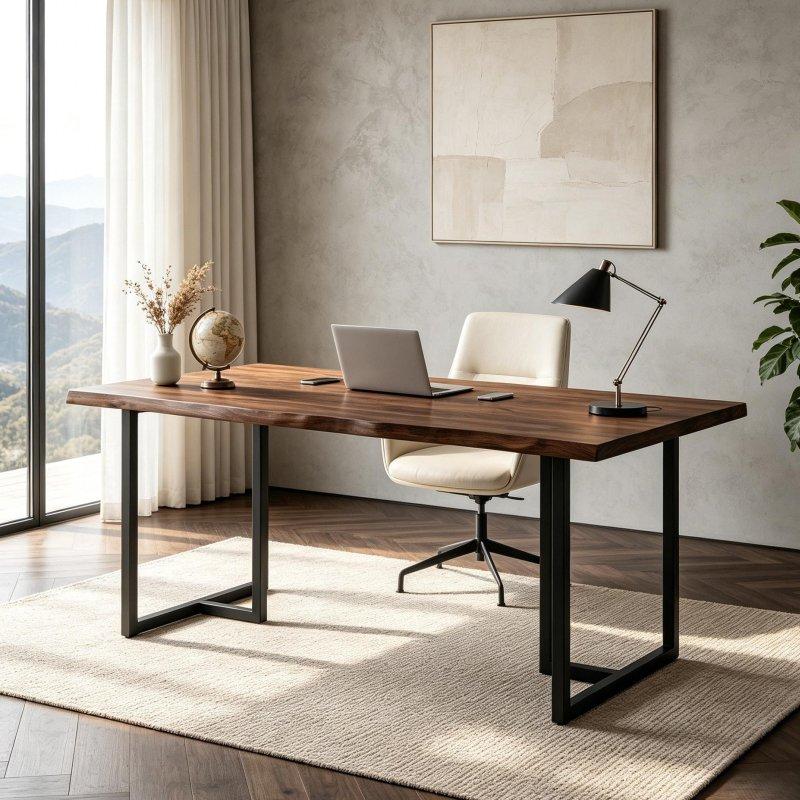 Ceviz Siyah Masif Çam Endüstriyel U Şekilli Metal Ayaklı Ofis Masası - 161x77 cm - 325985