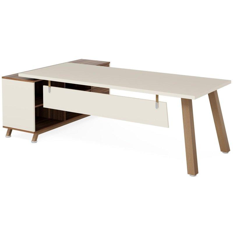 Ceviz ve Beyaz Ahşap L Tipi Dosya Dolaplı Ofis Masası - 180x141 cm - 325783