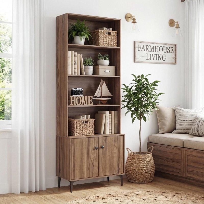 Ceviz ve Beyaz Ahşap Metal Ayaklı 5 Raflı 2 Kapaklı Kitaplık - 61x31x174 cm - 316021