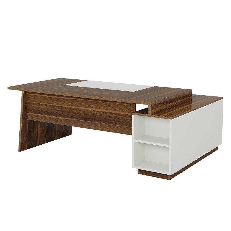 Ceviz ve Beyaz Ahşap Raflı ve Depolama Kabinli L Tipi Ofis Masası - 179x120 cm - 325836