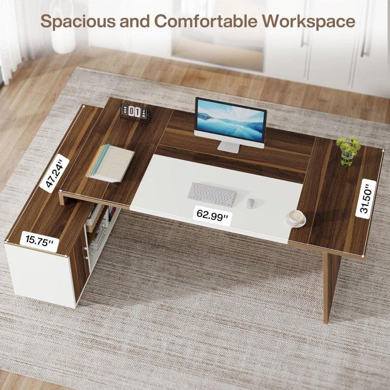 Ceviz ve Beyaz Ahşap Raflı ve Depolama Kabinli L Tipi Ofis Masası - 179x120 cm - 325836