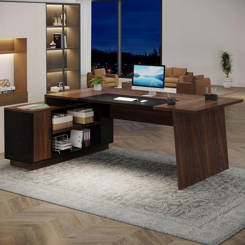 Ceviz ve Beyaz MDF Dolaplı Raflı L Tipi Ofis Masası - 180x120 cm - 327543 Ceviz ve Beyaz MDF Dolaplı Raflı L Tipi Ofis Masası - 180x120 cm - 327543