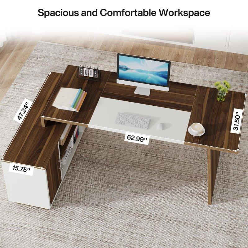 Ceviz ve Beyaz MDF Dosya Dolaplı Raflı L Tipi Ofis Masası - 200 cm - 326423
