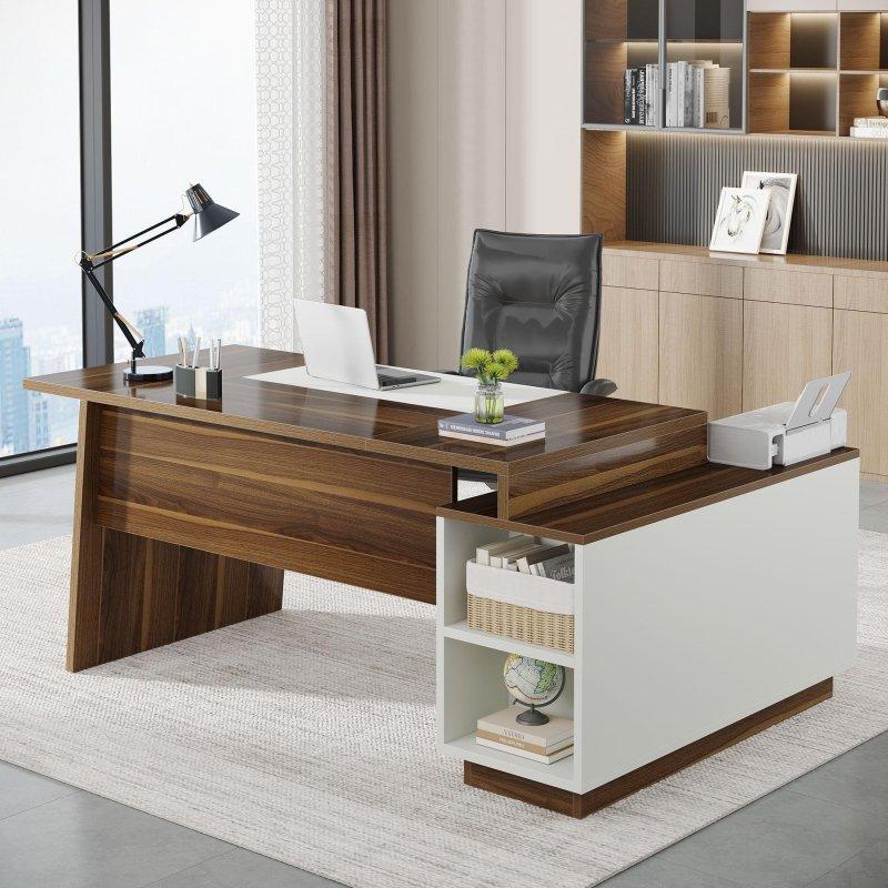 Ceviz ve Beyaz MDF Dosya Dolaplı Raflı L Tipi Ofis Masası - 200 cm - 326423