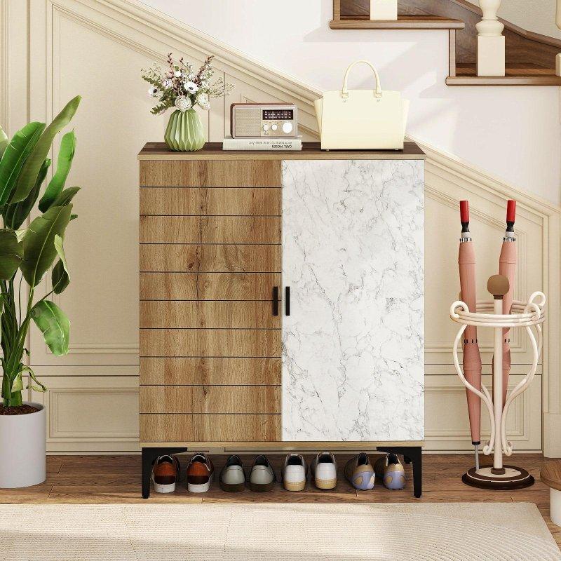 Ceviz ve Beyaz MDF Metal Ayaklı 4 Raflı Kapaklı Şifonyer - 79x41x97 cm - 300751
