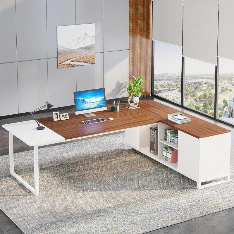 Ceviz ve Beyaz Metal Ayaklı Dosya Dolaplı ve Raflı L Tipi Ofis Masası - 181x141 cm - 326518
