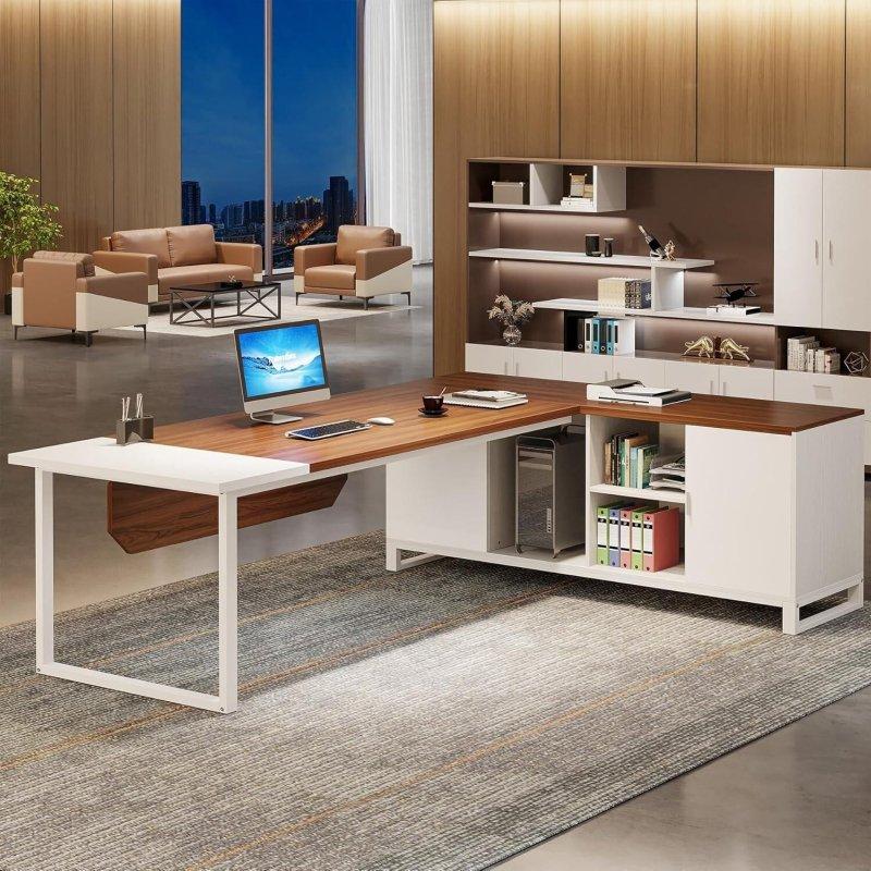 Ceviz ve Beyaz Metal Ayaklı Dosya Dolaplı ve Raflı L Tipi Ofis Masası - 181x141 cm - 326518