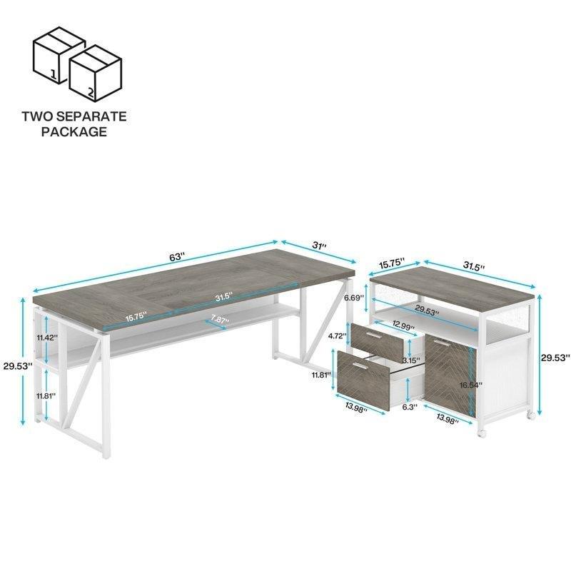 Ceviz ve Beyaz Metal Çerçeveli Çekmeceli ve Raflı 2 Parçalı L Tipi Ofis Masası - 161 cm - 326096