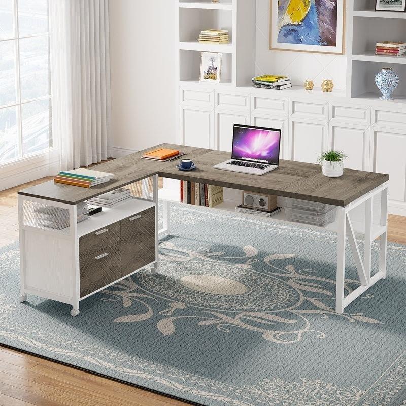 Ceviz ve Beyaz Metal Çerçeveli Çekmeceli ve Raflı 2 Parçalı L Tipi Ofis Masası - 161 cm - 326096