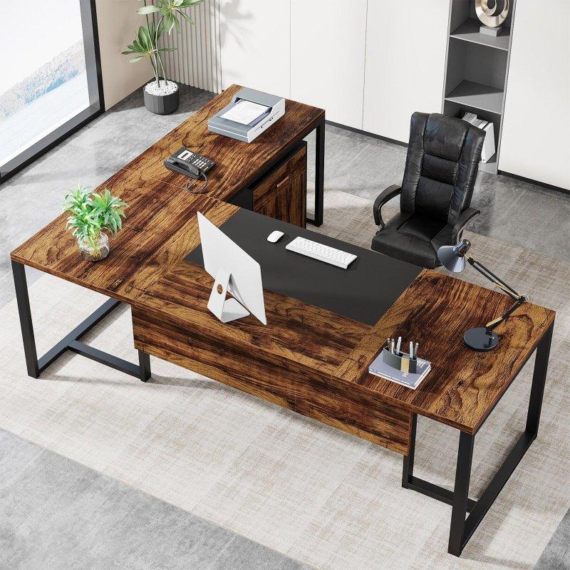Ceviz ve Beyaz Metal İskeletli Dosya Dolaplı L Tipi Yönetici Ofis Masası - 181x141 cm - 326353