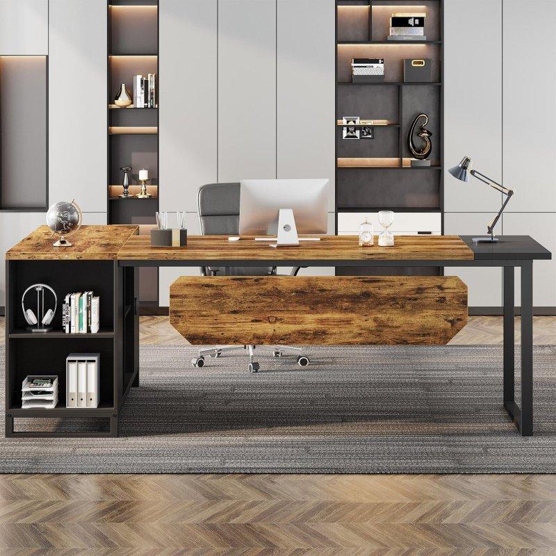 Ceviz ve Beyaz Metal L Tipi Dosya Dolaplı Ofis Masası - 181x140 cm - 326979