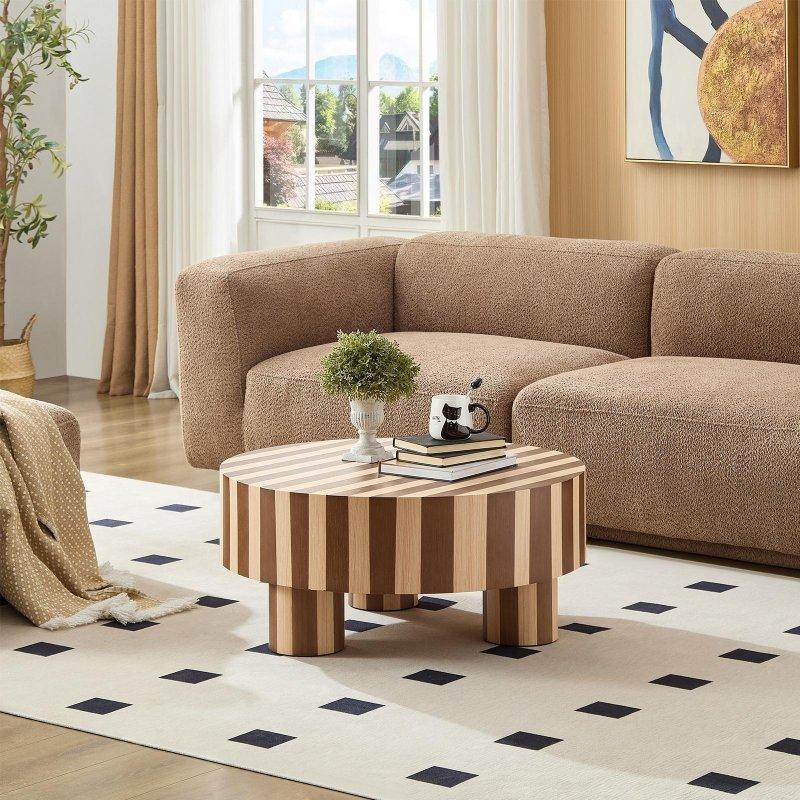 Ceviz ve Beyaz Şeritli MDF Modern Yuvarlak Orta Sehpa - 80x35 cm - 240243