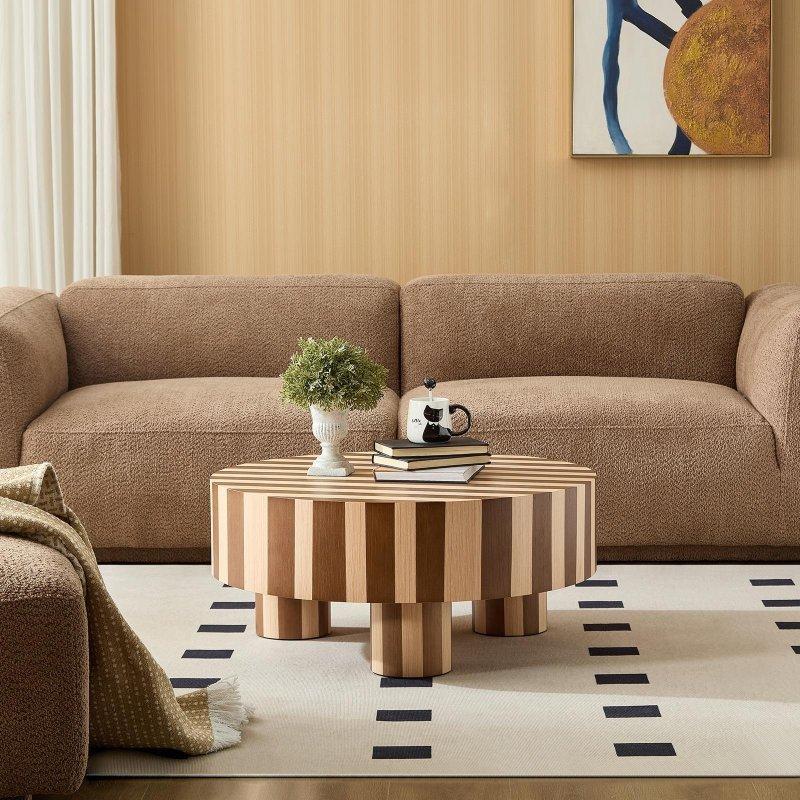 Ceviz ve Beyaz Şeritli MDF Modern Yuvarlak Orta Sehpa - 80x35 cm - 240243