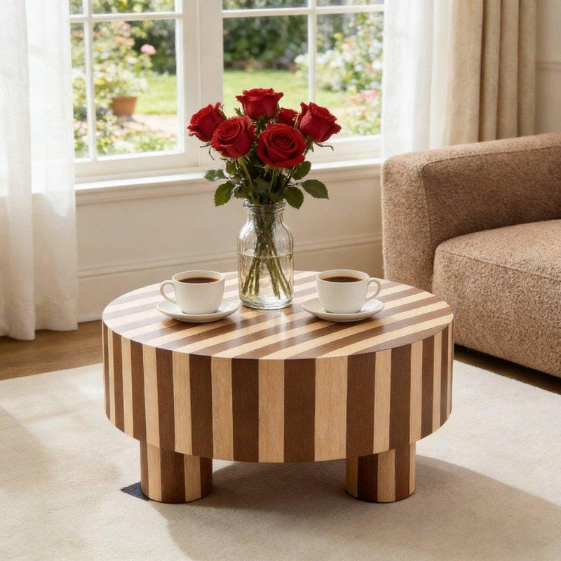 Ceviz ve Beyaz Şeritli MDF Modern Yuvarlak Orta Sehpa - 80x35 cm - 240243
