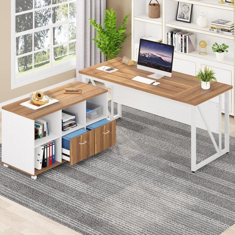 Ceviz ve Demir Grisi Metal Dosya Dolaplı L Tipi Geniş Ofis Masası - 161 cm - 328232
