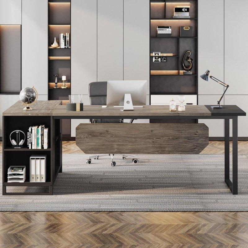 Ceviz ve Metal L Tipi Dolaplı Raflı Yönetici Ofis Masası - 180 cm - 326681