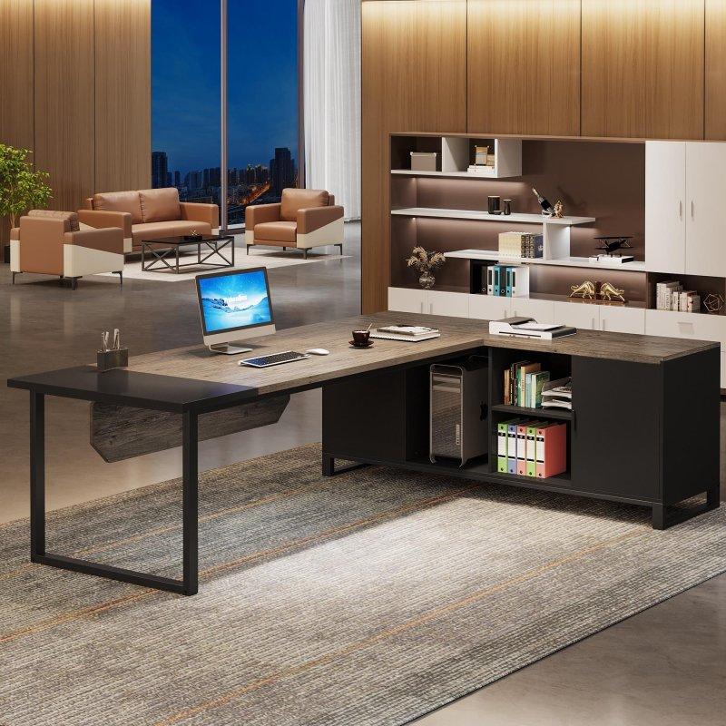 Ceviz ve Metal L Tipi Dolaplı Raflı Yönetici Ofis Masası - 180 cm - 326681