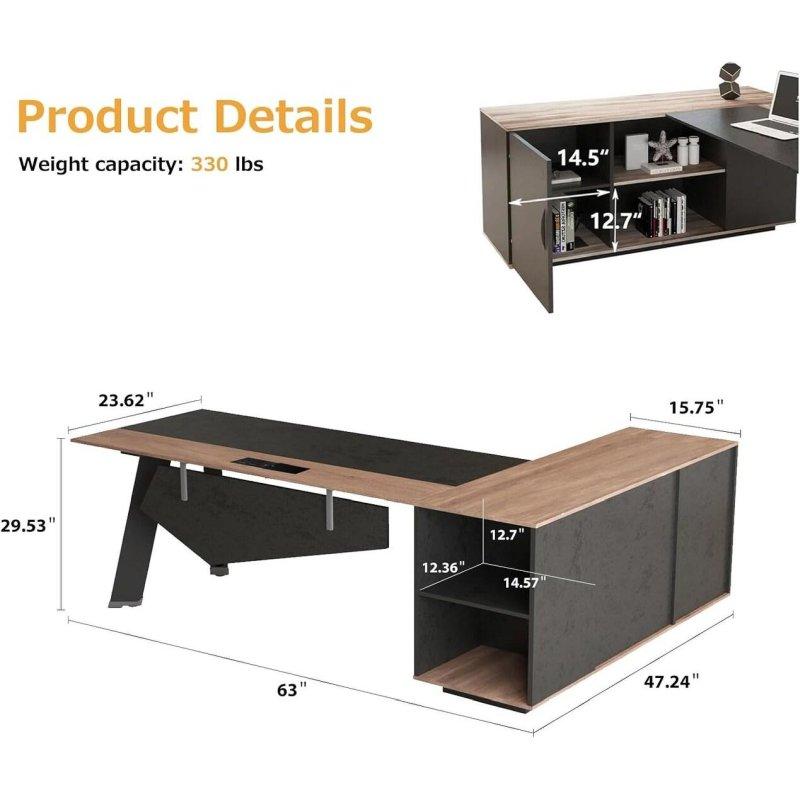 Ceviz ve Siyah Dahili Prizli ve Dolaplı L Tipi MDF Ofis Masası - 160 cm - 326847