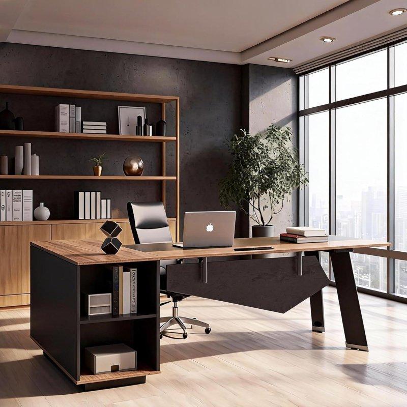 Ceviz ve Siyah Dahili Prizli ve Dolaplı L Tipi MDF Ofis Masası - 160 cm - 326847