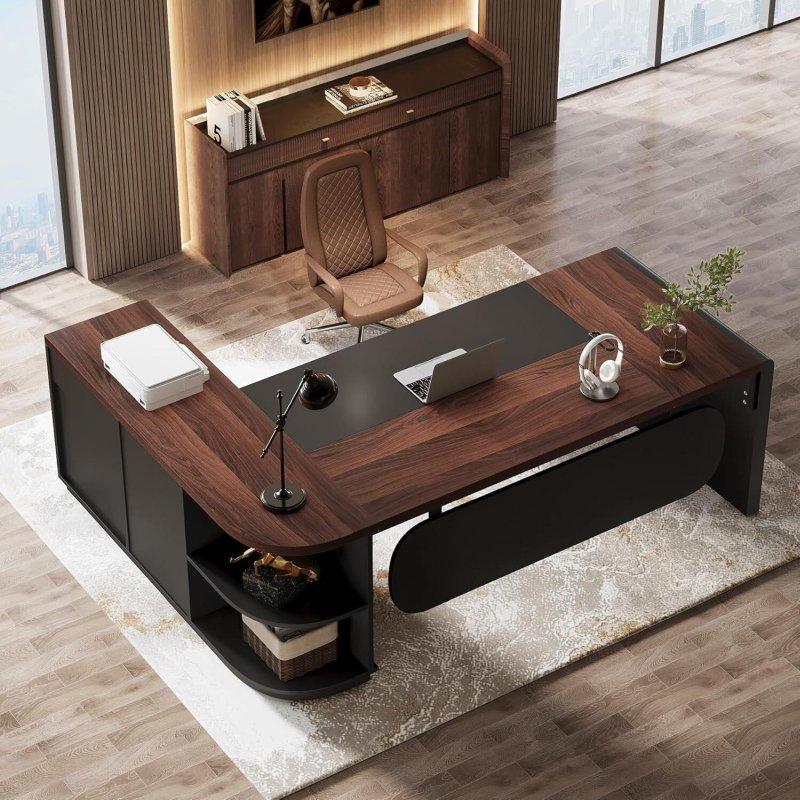 Ceviz ve Siyah MDF Metal Çerçeveli L Tipi Dolaplı Yönetici Ofis Masası - 205x80 cm - 326747