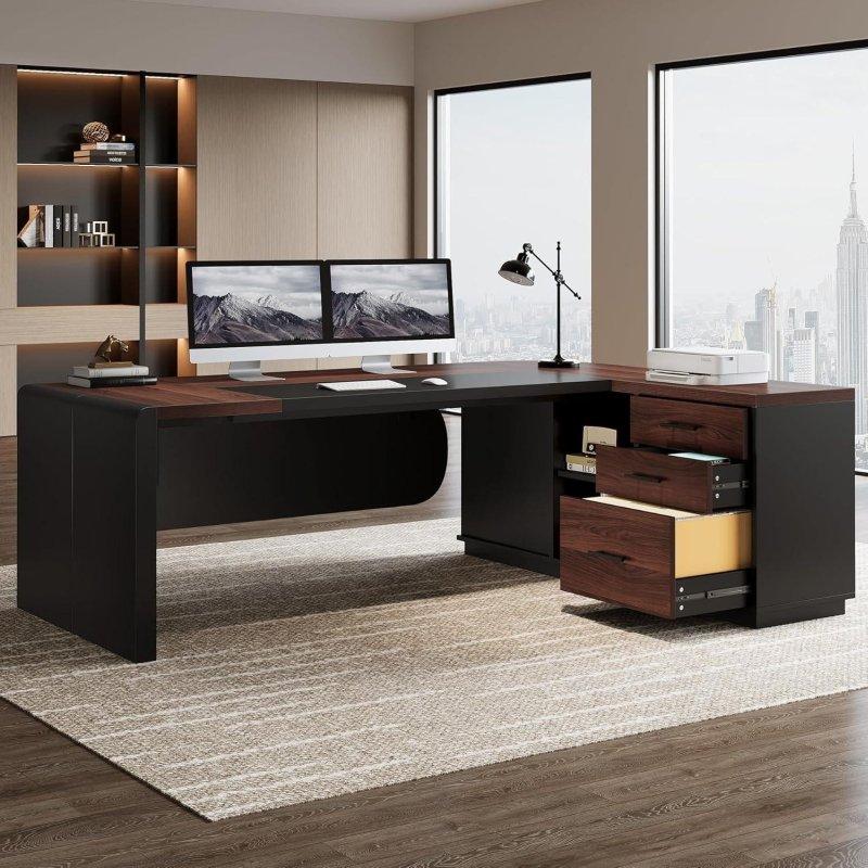 Ceviz ve Siyah MDF Metal Dolaplı L Tipi Yönetici Ofis Masası - 205 cm - 326200