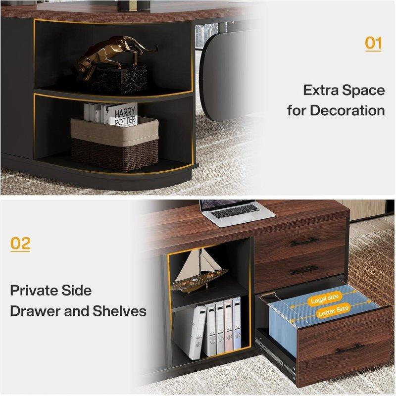 Ceviz ve Siyah MDF Metal Dolaplı L Tipi Yönetici Ofis Masası - 205 cm - 326200