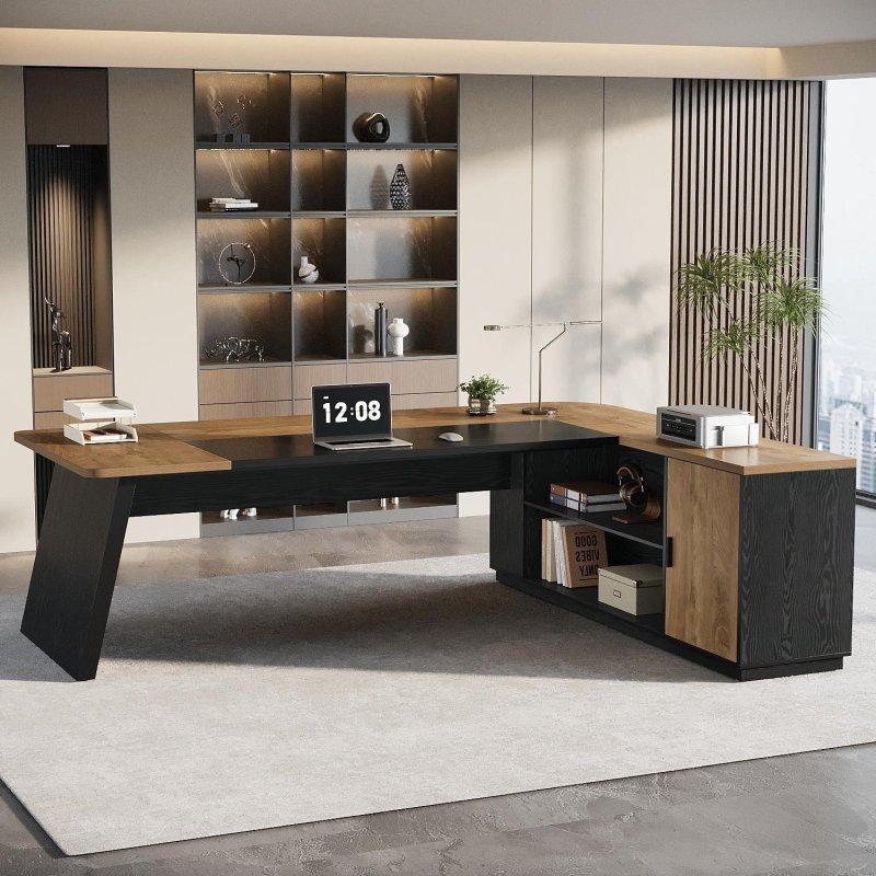 Ceviz ve Siyah MDF Metal Dolaplı Raflı L Tipi Ofis Masası - 201 cm - 327359