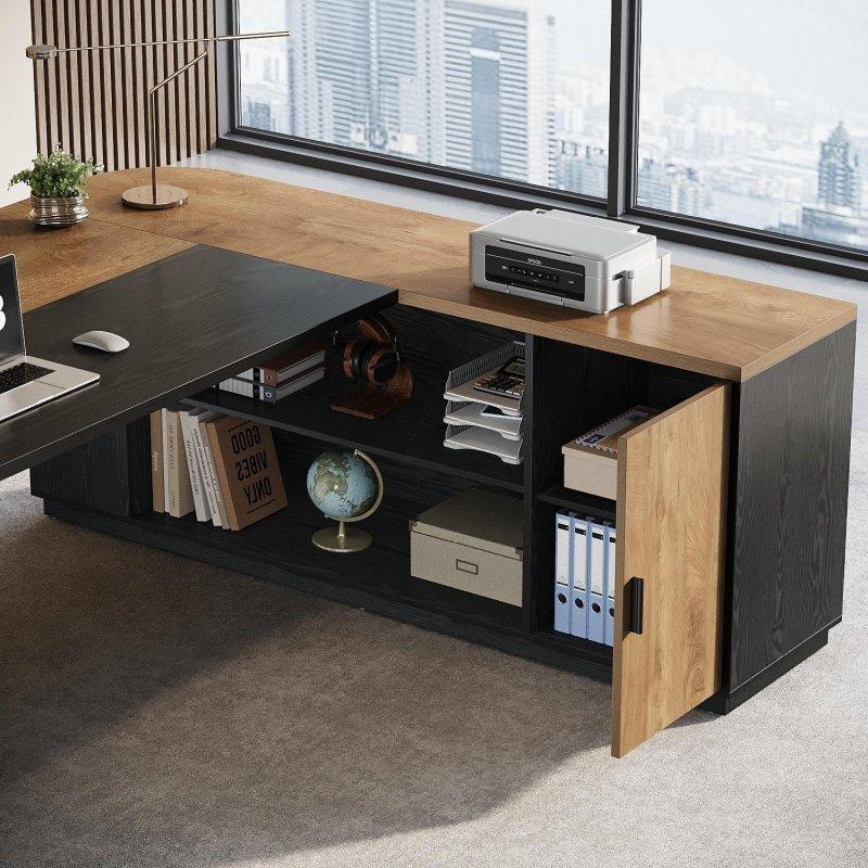 Ceviz ve Siyah MDF Metal Dolaplı Raflı L Tipi Ofis Masası - 201 cm - 327359