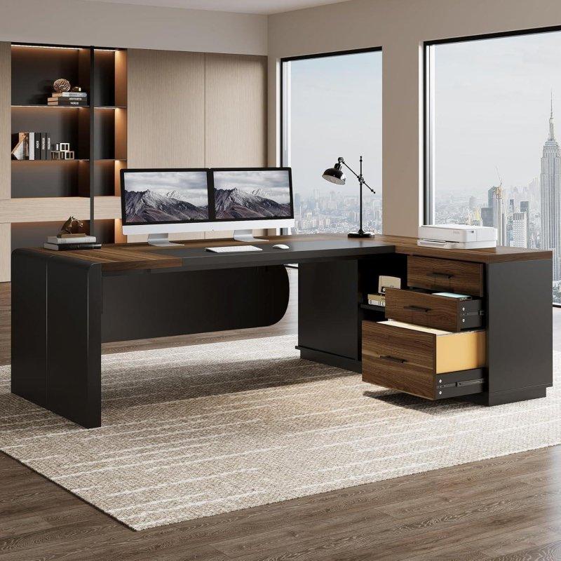 Ceviz ve Siyah MDF Metal L Tipi Çekmeceli Etejerli Ofis Masası - 205 cm - 325815