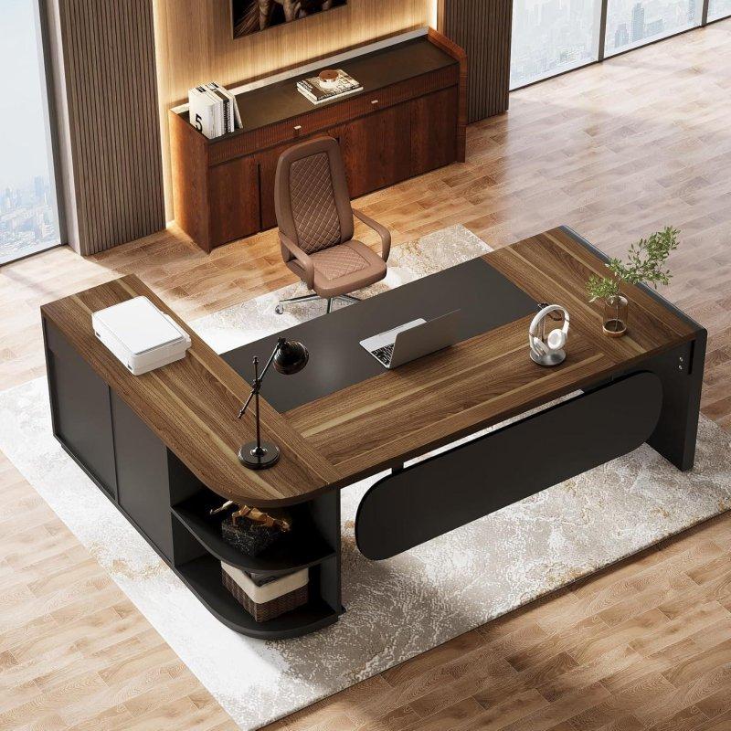 Ceviz ve Siyah MDF Metal L Tipi Çekmeceli Etejerli Ofis Masası - 205 cm - 325815