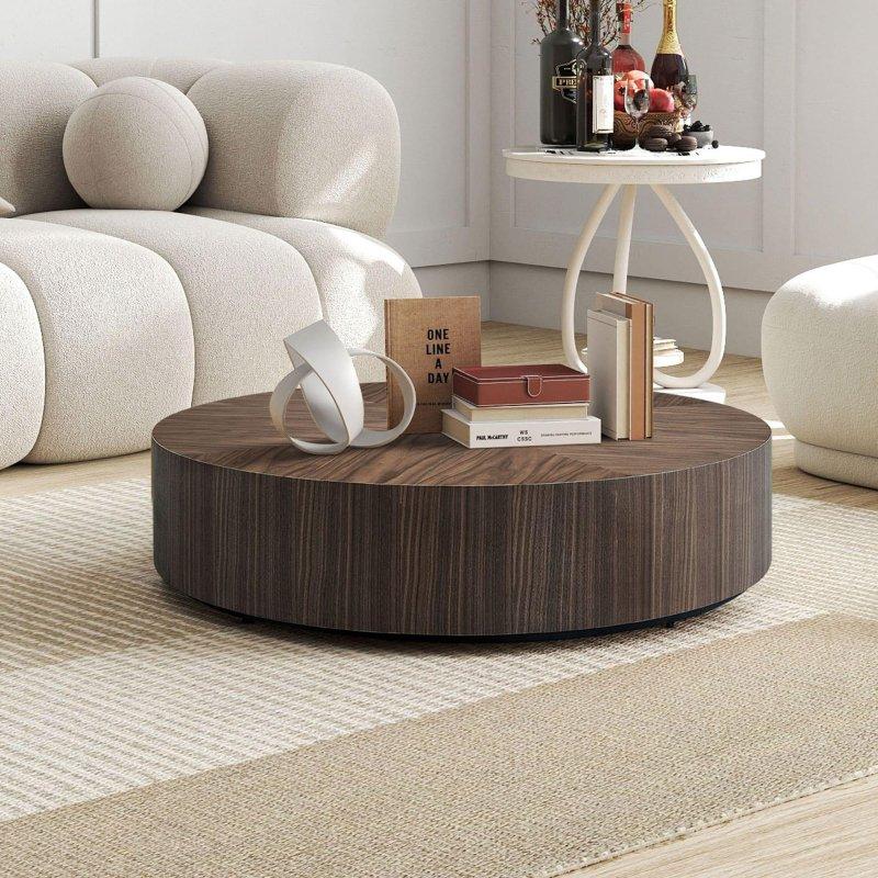 Ceviz ve Siyah MDF Montaj Gerektirmeyen Tambur Ayaklı Yuvarlak Orta Sehpa - 90 cm - 242923