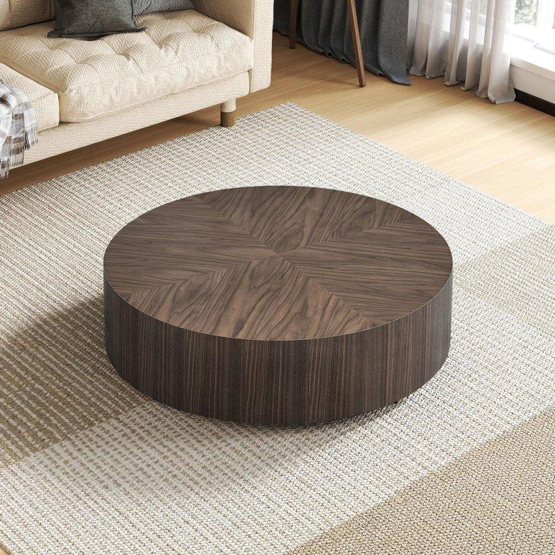 Ceviz ve Siyah MDF Montaj Gerektirmeyen Tambur Ayaklı Yuvarlak Orta Sehpa - 90 cm - 242923