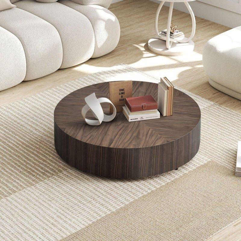Ceviz ve Siyah MDF Montaj Gerektirmeyen Tambur Ayaklı Yuvarlak Orta Sehpa - 90 cm - 242923