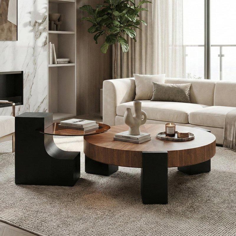 Ceviz ve Siyah MDF Zigonlu 2li Yuvarlak Orta Sehpa Seti - 93 cm - 243202