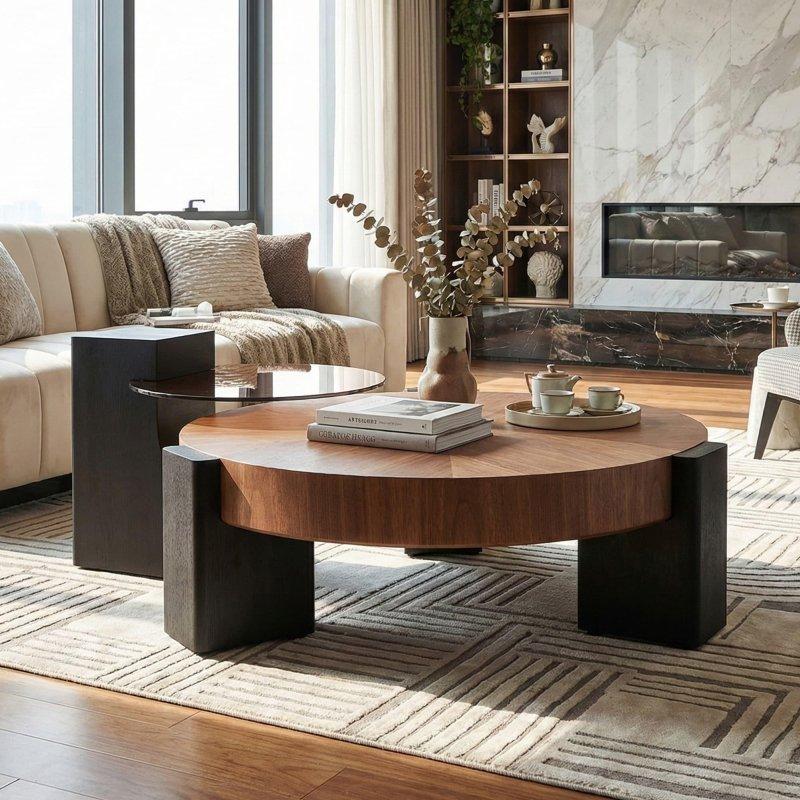 Ceviz ve Siyah MDF Zigonlu 2li Yuvarlak Orta Sehpa Seti - 93 cm - 243202
