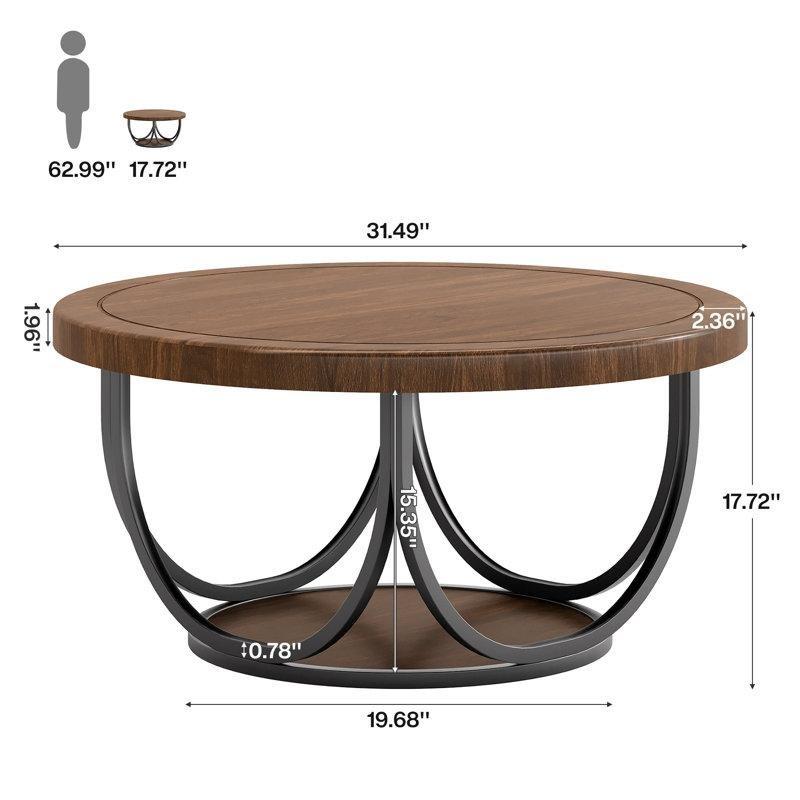 Ceviz ve Siyah Metal 2 Katlı Raflı Yuvarlak Orta Sehpa - 81 cm - 245437