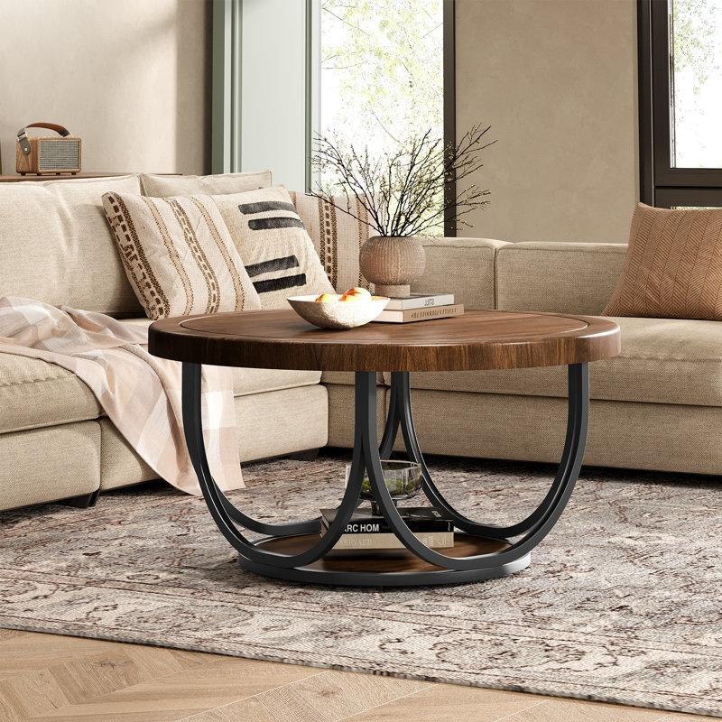 Ceviz ve Siyah Metal 2 Katlı Raflı Yuvarlak Orta Sehpa - 81 cm - 245437